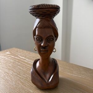 Vintage Hand Carved Wood African Woman Bust Sculpture with Basket and Earrings